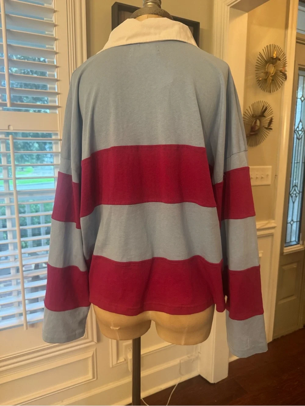 Anthropologie Light Blue and Burgundy Striped Rugby Sweater with White Collar